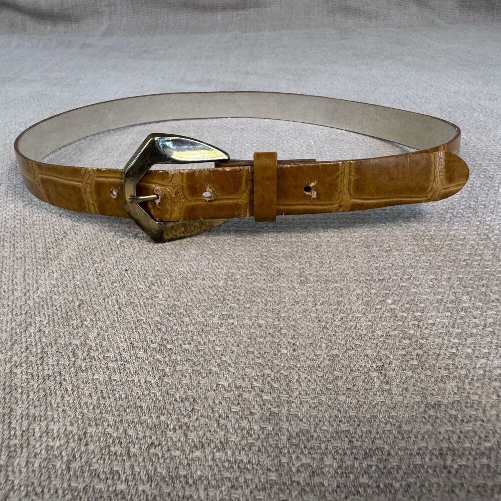 Vintage Croc Print Leather Belt Camel Brown Brass Buckle Classic Preppy S/M 547